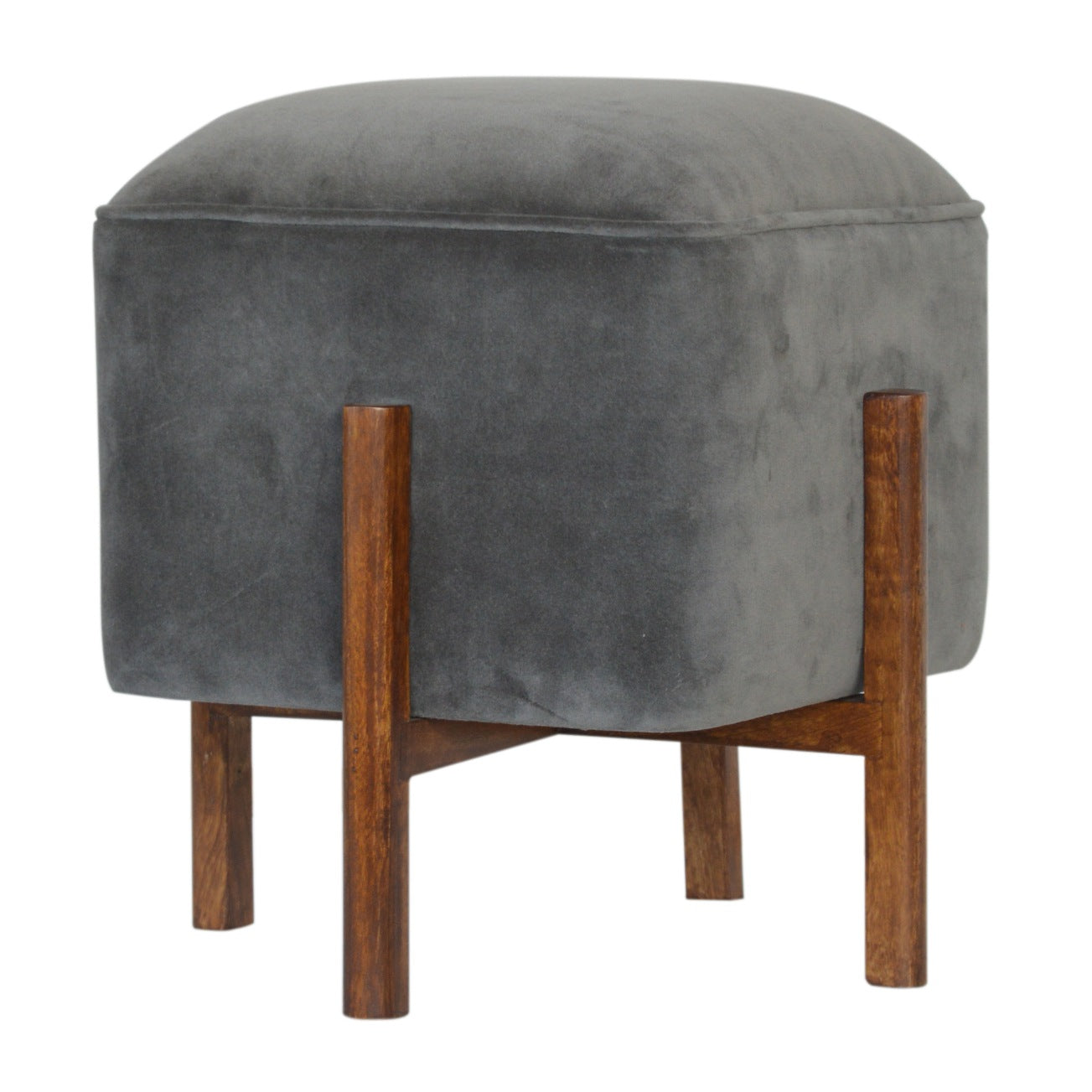 Solid Wood Grey Velvet Footstool