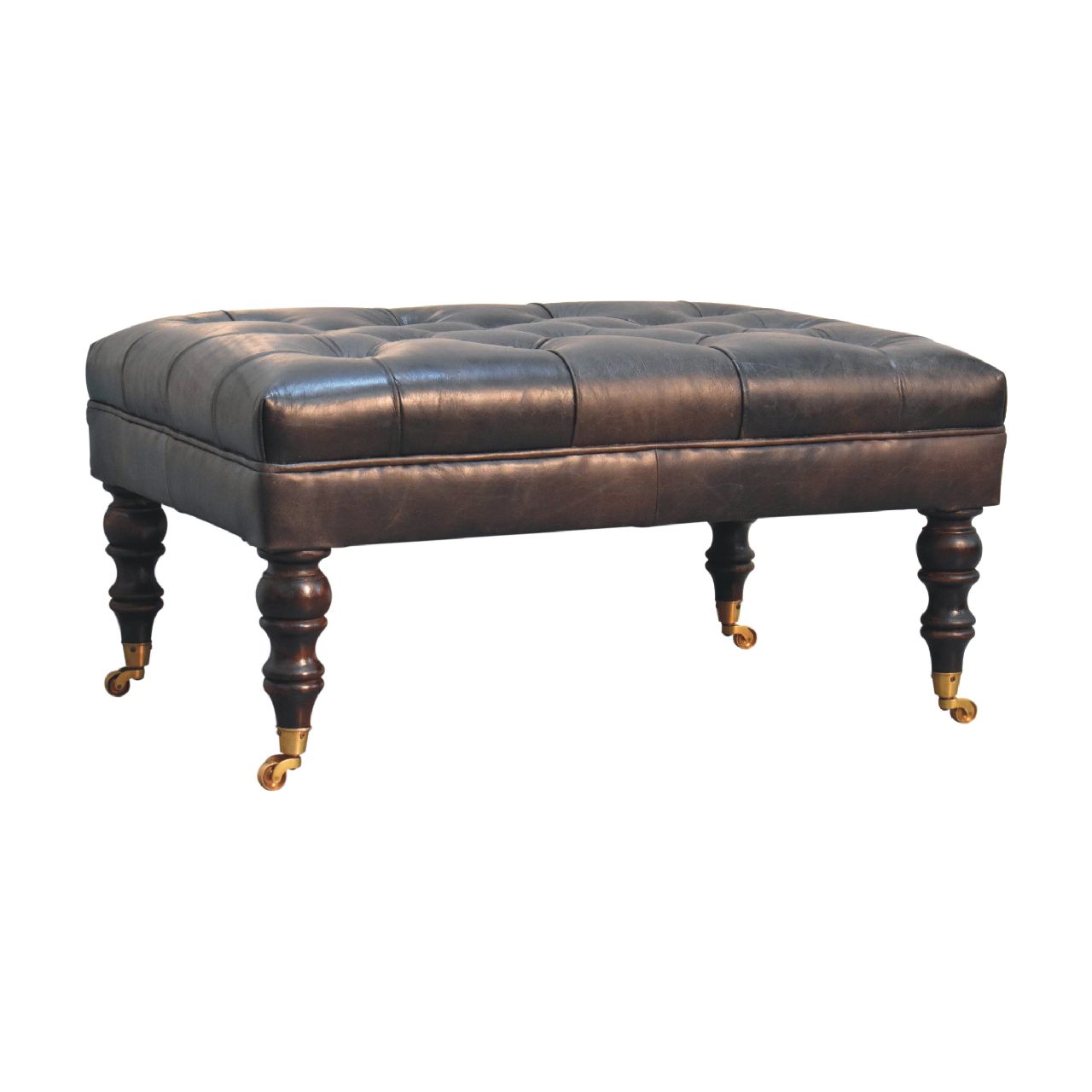 Buffalo Ash Black Leather Ottoman with Castor Legs